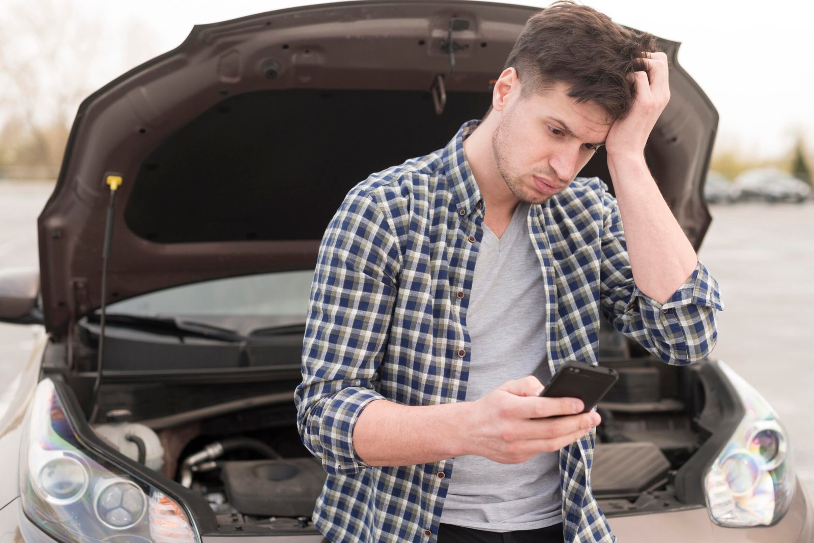 man-with-mobile-broken-car